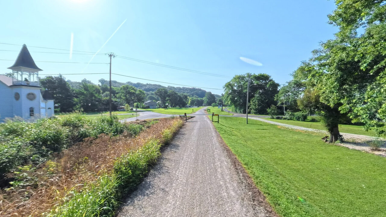 The green corridor into town past the church, from the Terrain360 capture